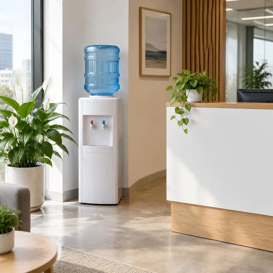 Dispensador blanco de agua fría y caliente en la recepción de una oficina