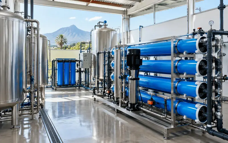Sala de purificación con tanques de acero y membranas de ósmosis inversa